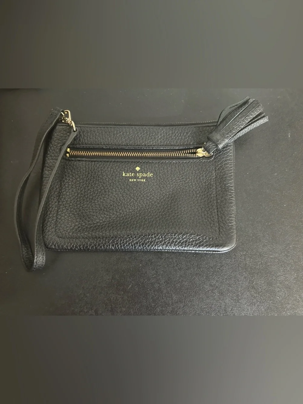 kate spade Black Pebbled Leather Wristlet with Tassel